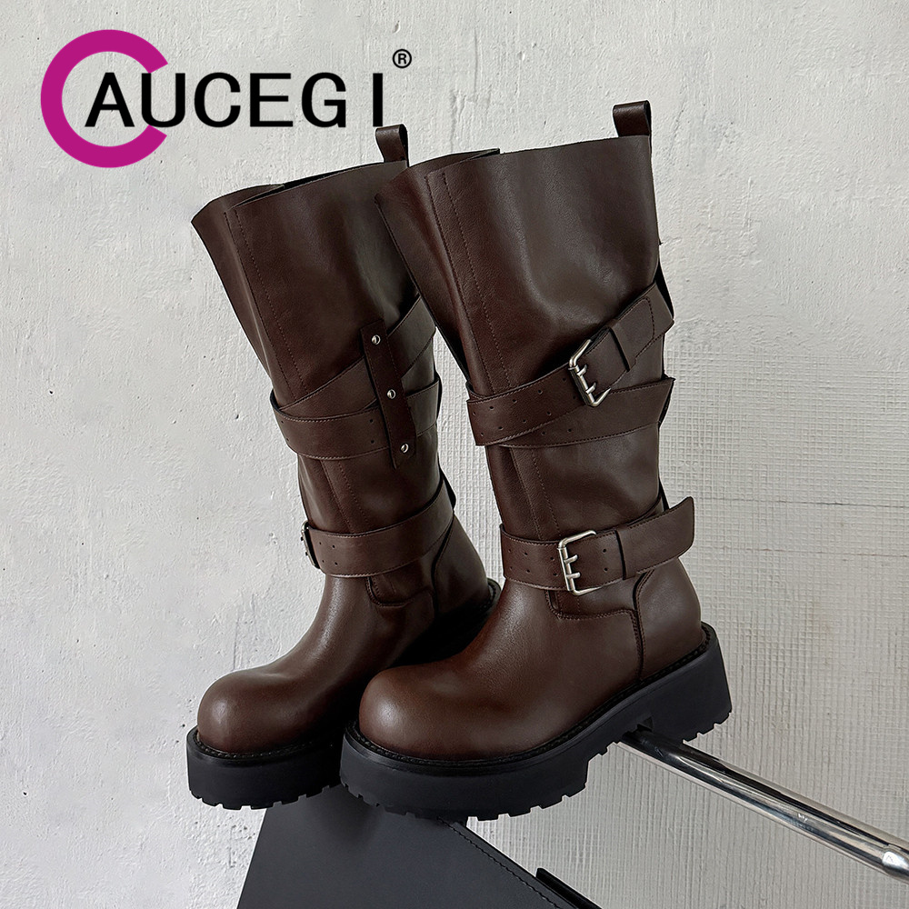 Leather Classic Strap - Aucegi Echt Leer Platform Blok Hakken